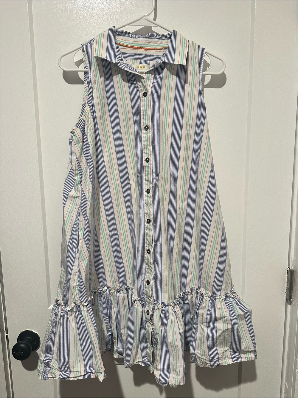Anthropologie Sleeveless Button-Front Stripe Dress in Blue, White and Mint